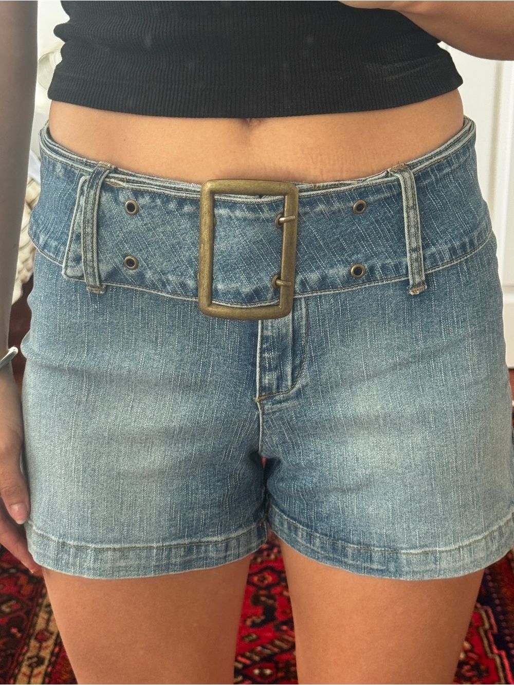 Vintage Blue Denim Jean Shorts with Brass Buckle Belt